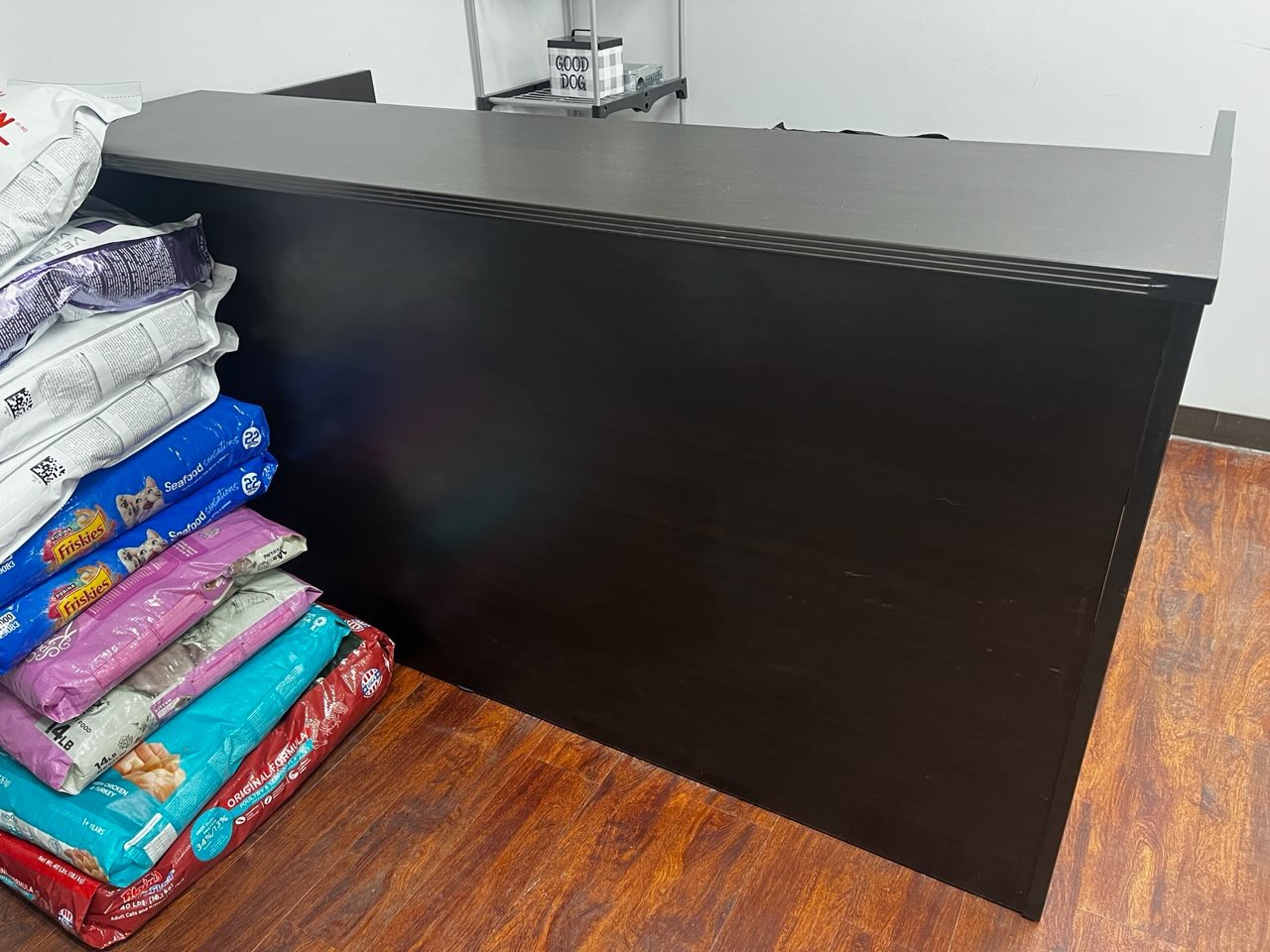Dark Wood Rectangle Reception Desk with Drawers and Raised Counter