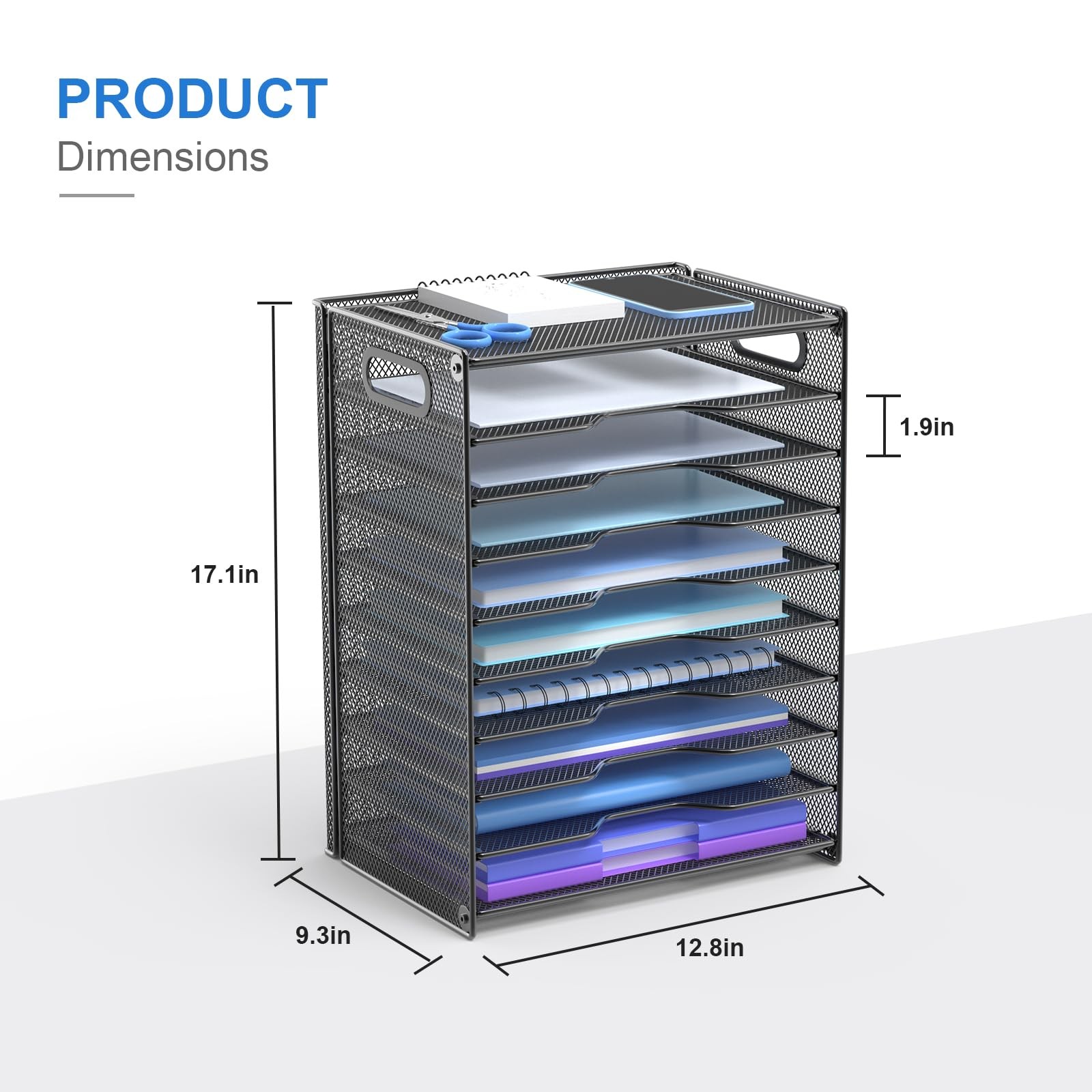 10 Tier Black Mesh Desk File Organizer with Handles for Office School Desktop