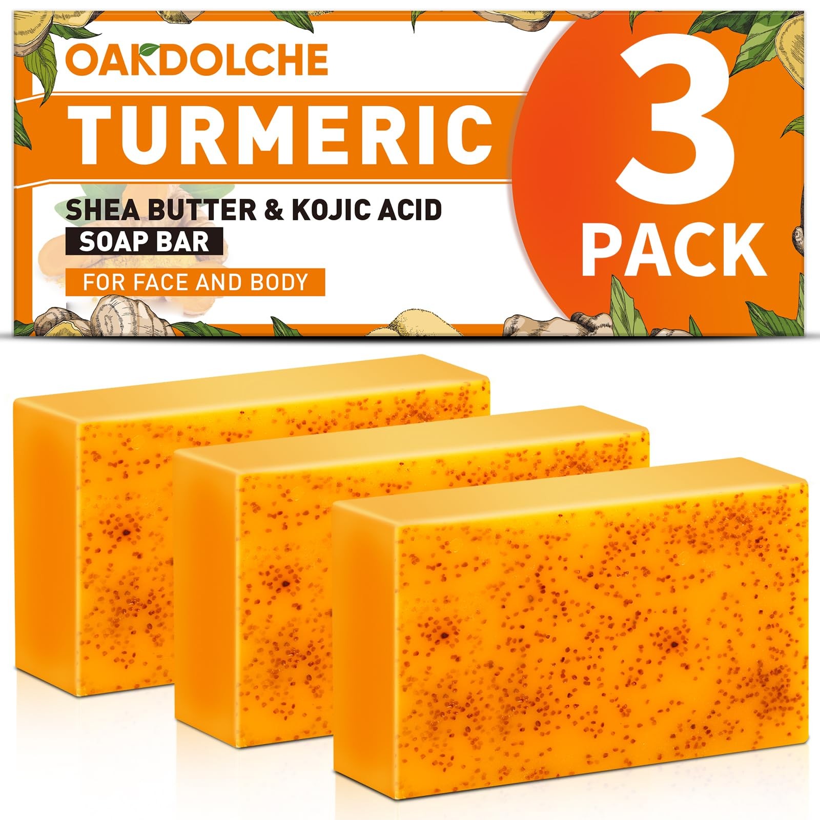 3 Pack Turmeric Kojic Acid Soap Bars - Infused with Retinol, Hydrolyzed Colla...