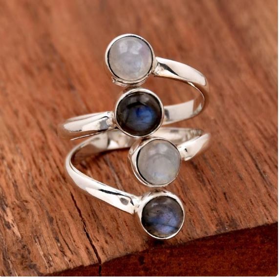 Handmade Sterling Silver Moonstone Labradorite  Adjustable Ring All Size R 538