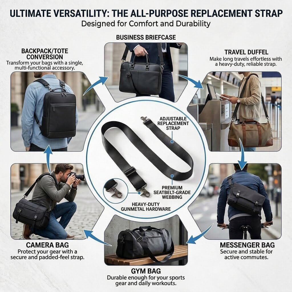 Heavy Duty Adjustable Shoulder Strap, 2" Wide Nylon Replacement Strap with Me...