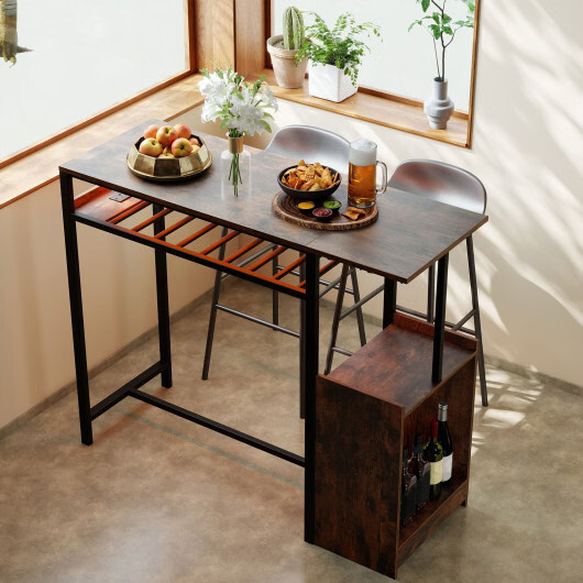 Rectangular Bar Table with Charging Station and LED Light-Rustic Brown - Color: