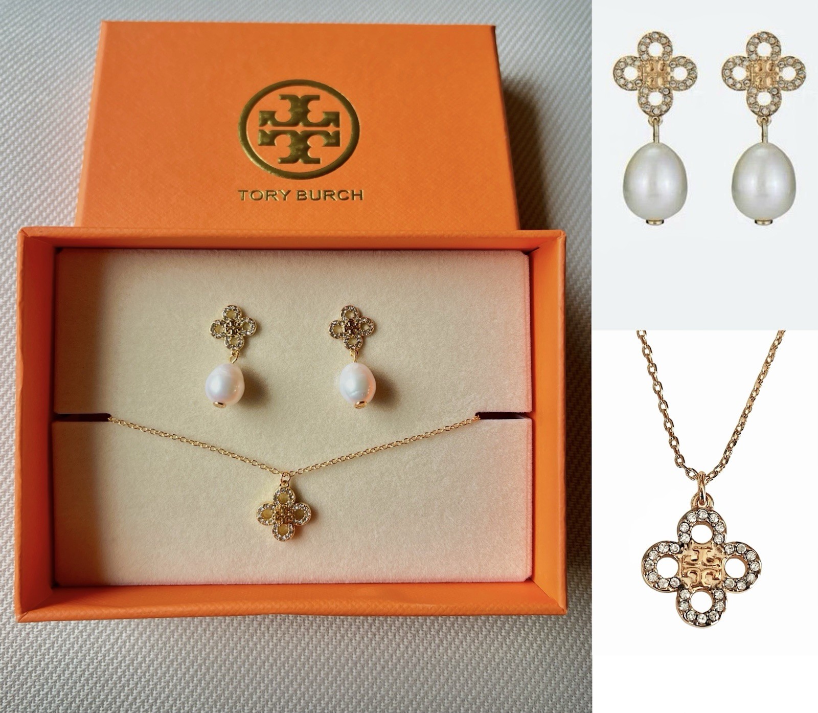 Tory Burch Kira Clover Jewellery Set - Gold Pearl Earrings Necklace IN GIFT BOX