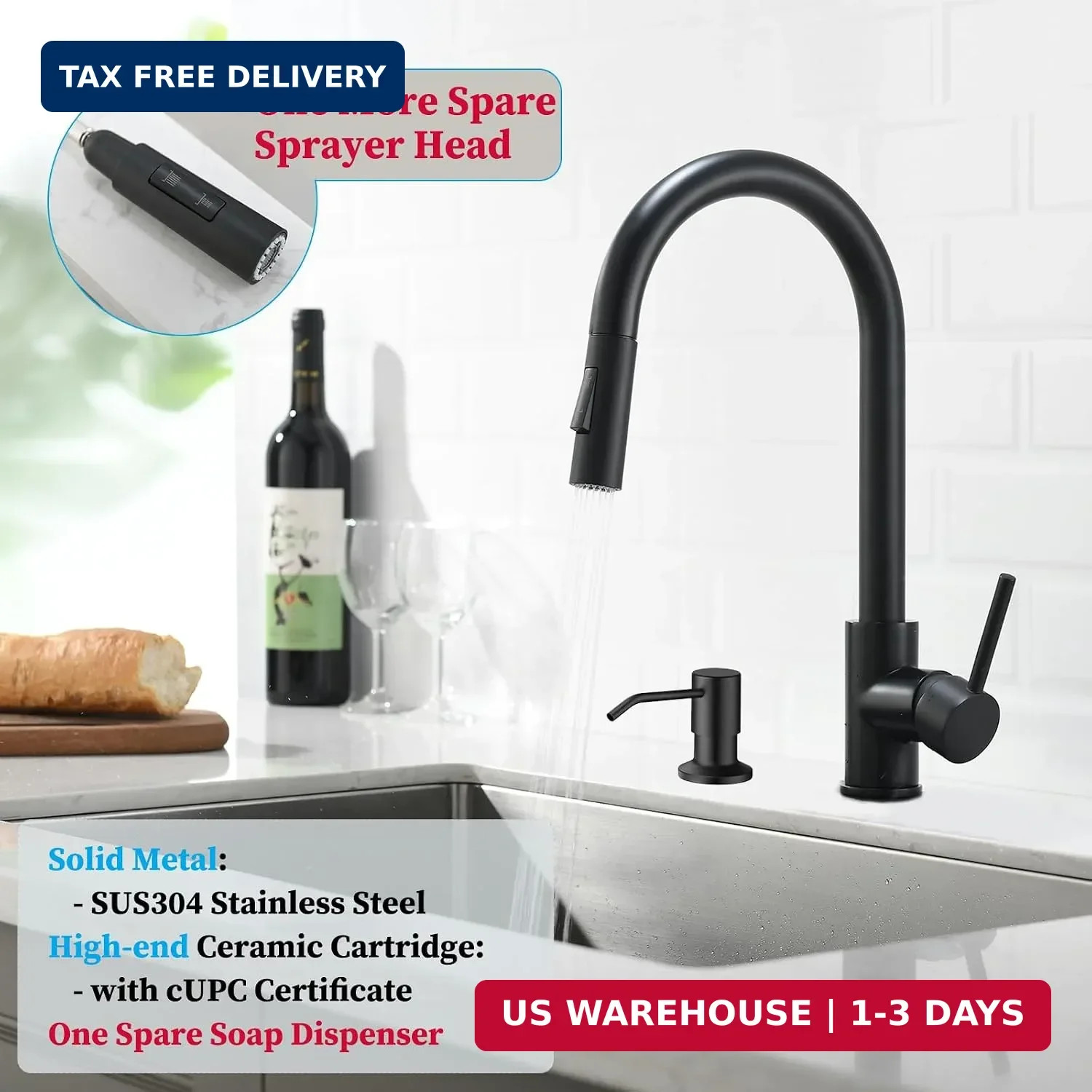 Black Kitchen Faucet with Pull Down Sprayer, High Arc Stainless Steel Mate