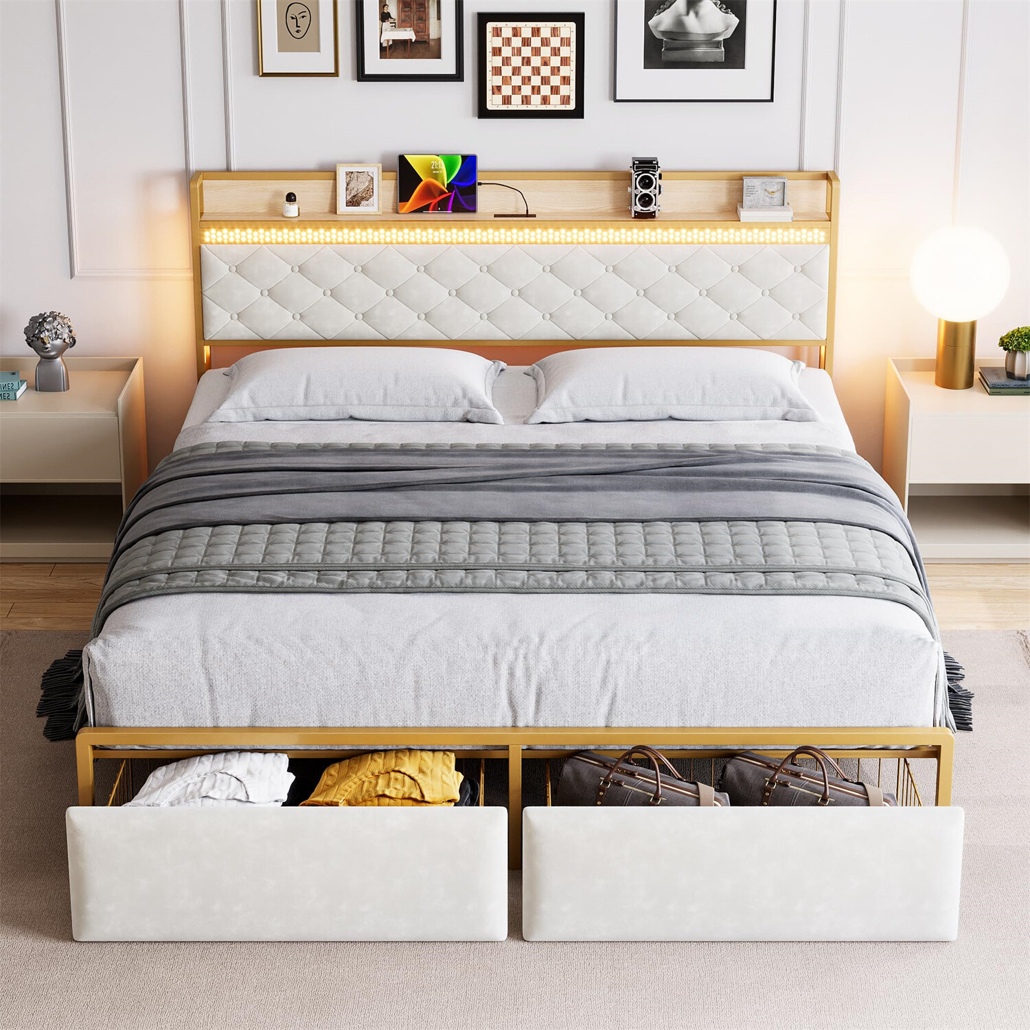 ✅King Size Bed Frme Pltform Bed Frme W/LED Lights Chrging Sttion Drwers