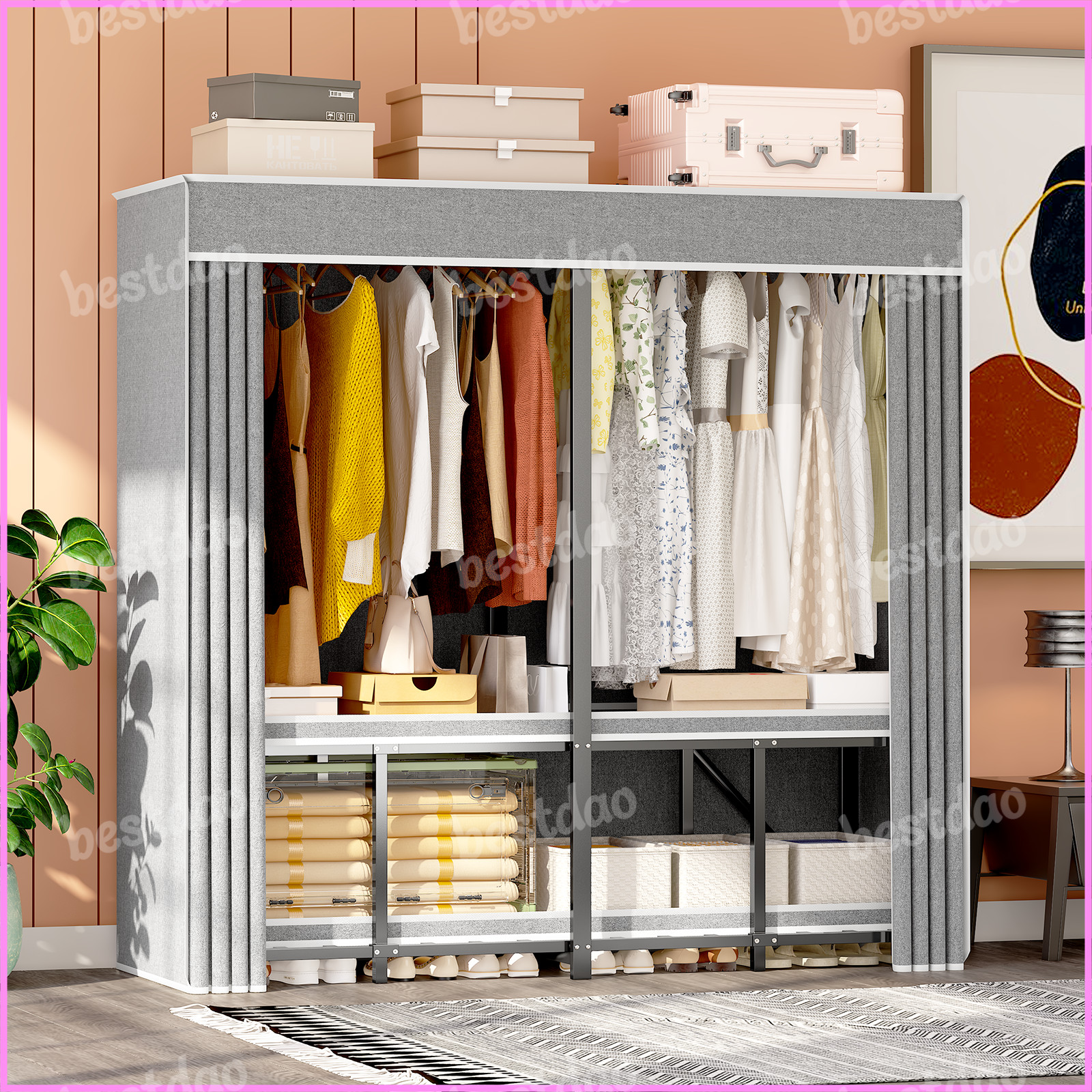 Heavy Duty Metal Closet Organizer Foldable Covered Clothes Rack with Cover