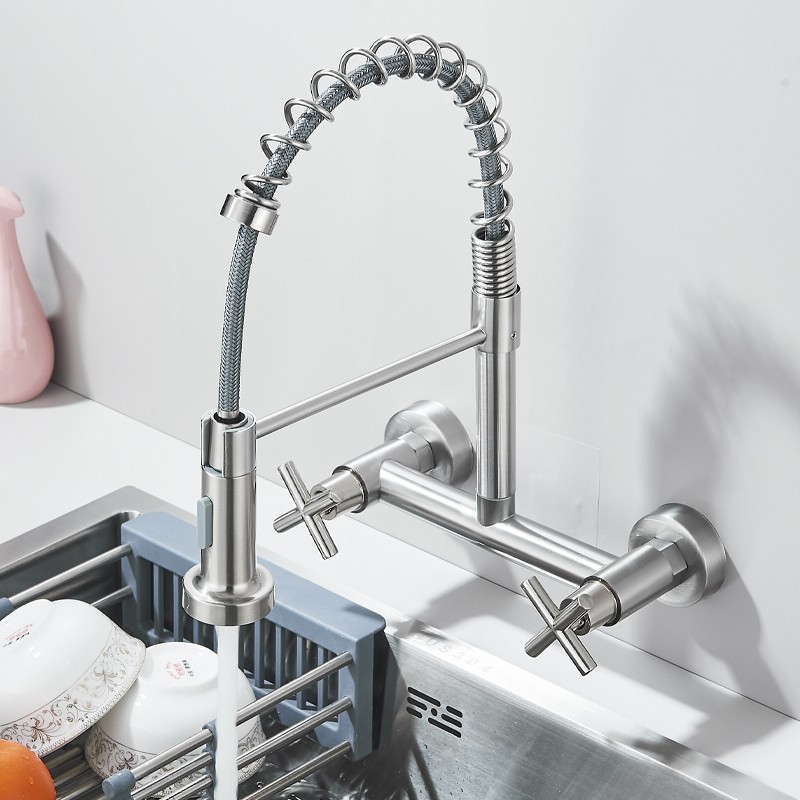 Commercial 8 Inch 2 Handle Wall Mount Kitchen Sink Faucet with Pull Down Sprayer