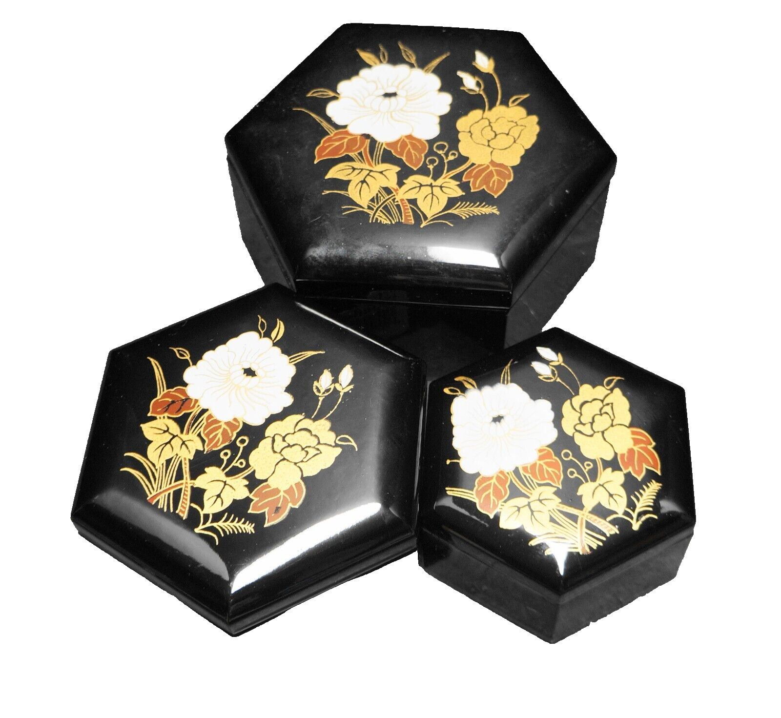 Black Lacquer White Flower Hexagon Nesting Trinket Boxes Set of 3