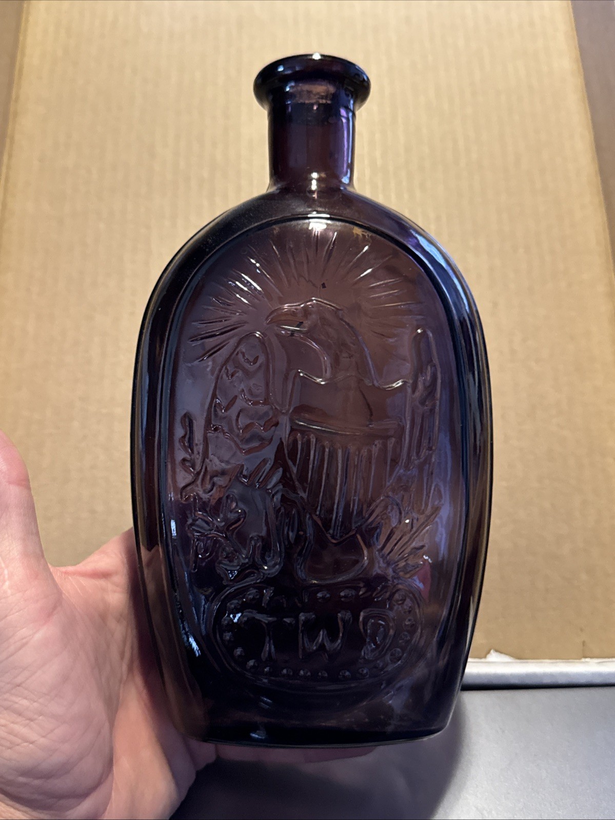 Vintage Embossed Amethyst General Washington & Eagle Glass 8 3/4” Bottle ~ BB2