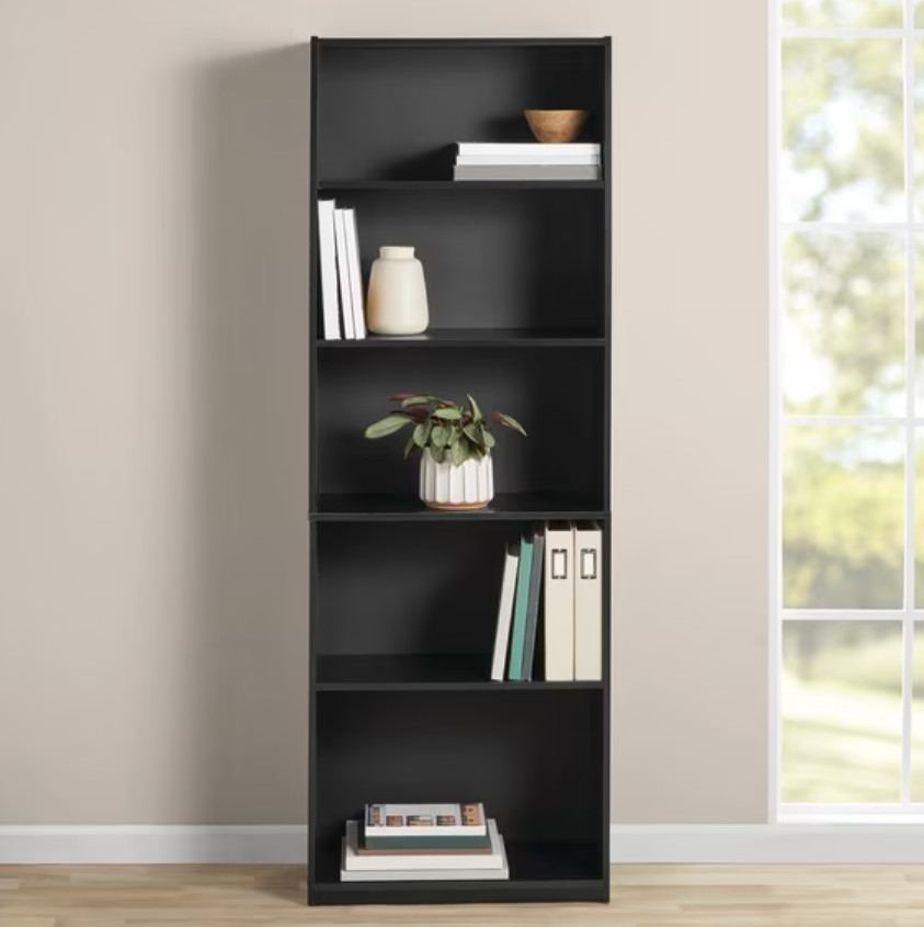 Mainstays 5-Shelf Bookcase with Adjustable Shelves, True Black Oak