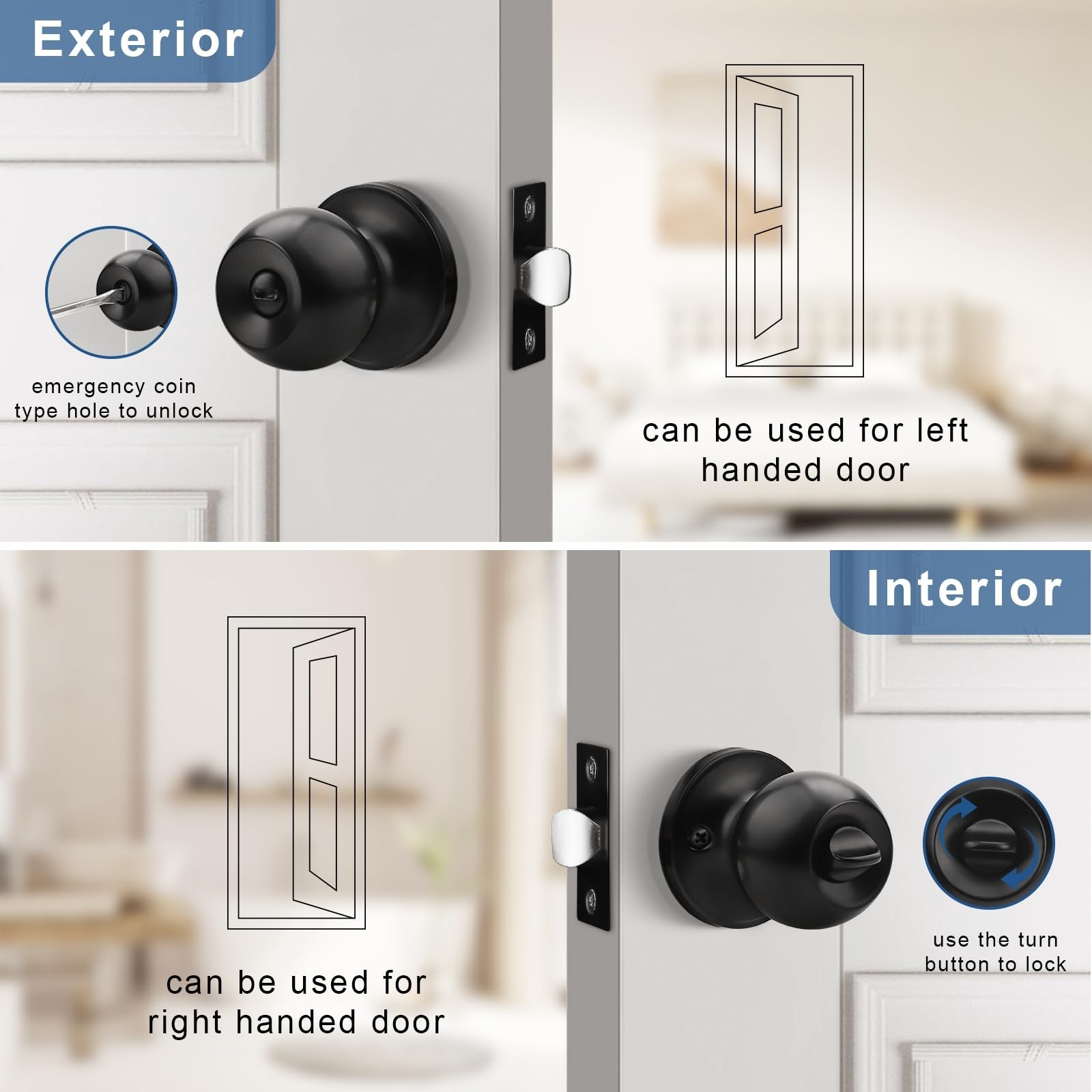 Knobonly 2 Pack Privacy Door Knobs Matte Black, Keyless Door Knobs Interior f...