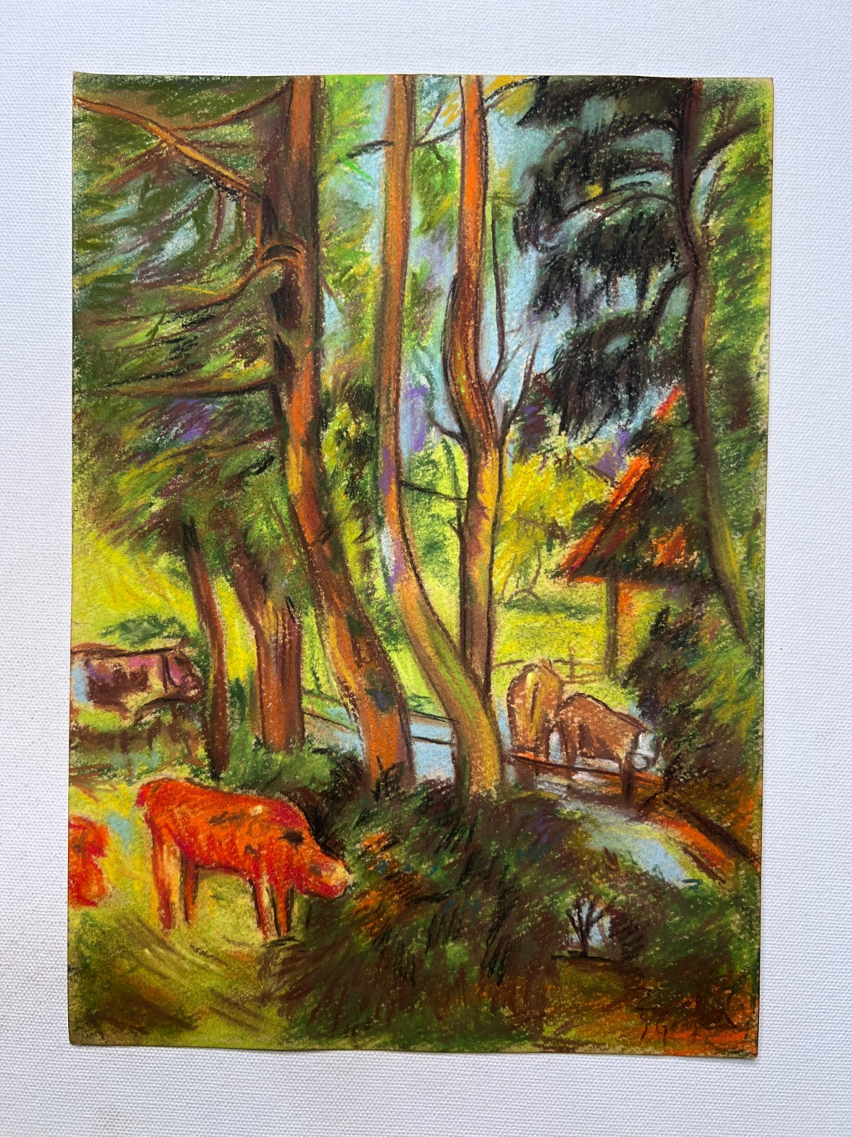 Paul Gauguin (Handmade) Oil Drawing On old Paper Signed & Stamped, Vtg Art