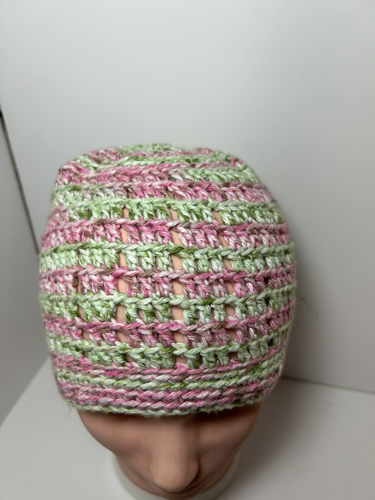 Homemade Crocheted Hat Green/Pink Yarn Large Child Sm Adult