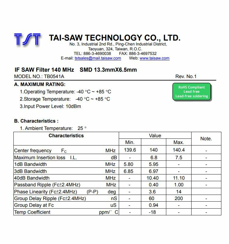 TB0541A 140 MHz IF SAW Filter 7 MHz 3dB bandwidth