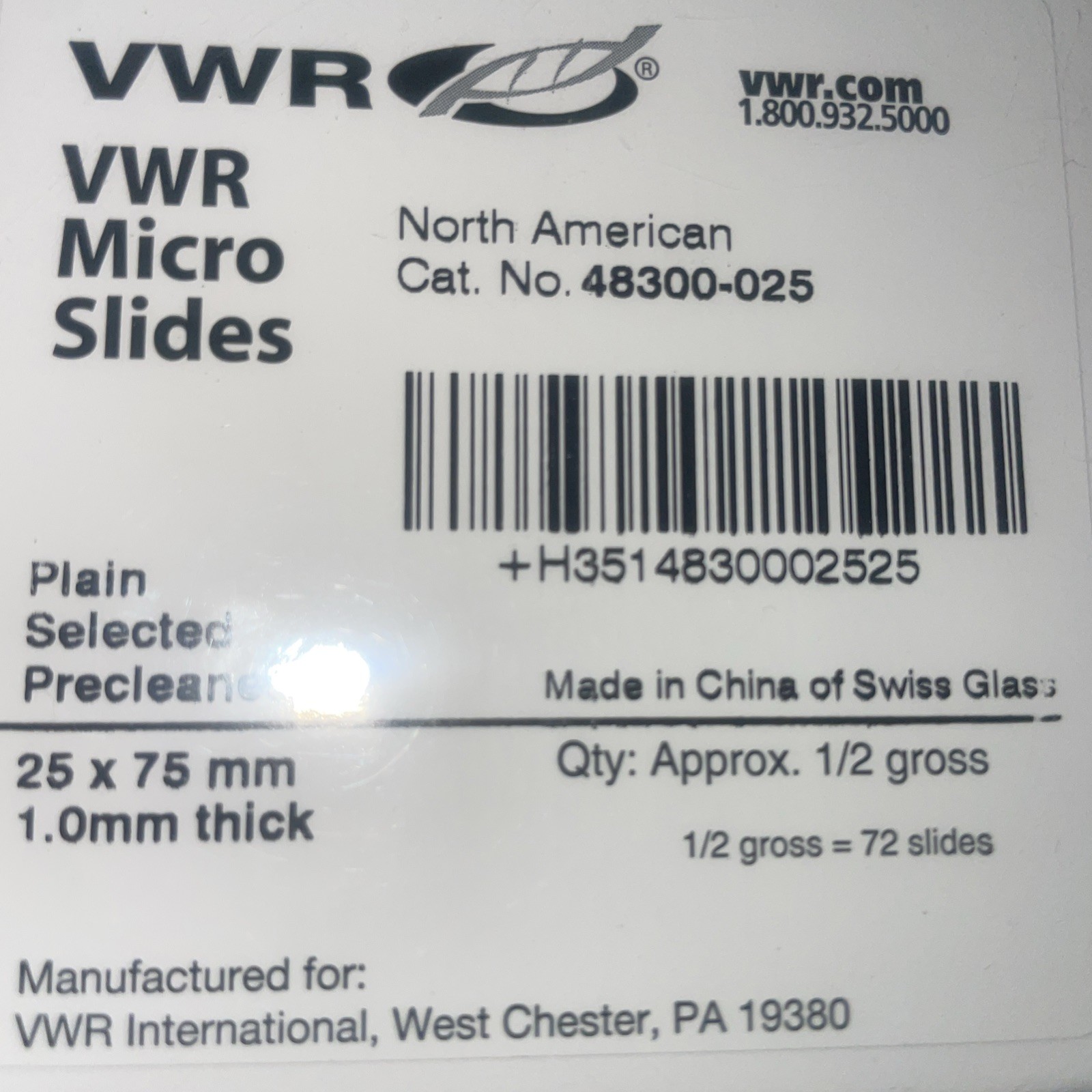 1 Box VWR Microscope Micro Slides Cat, No. 48300-025 1/2 Gross