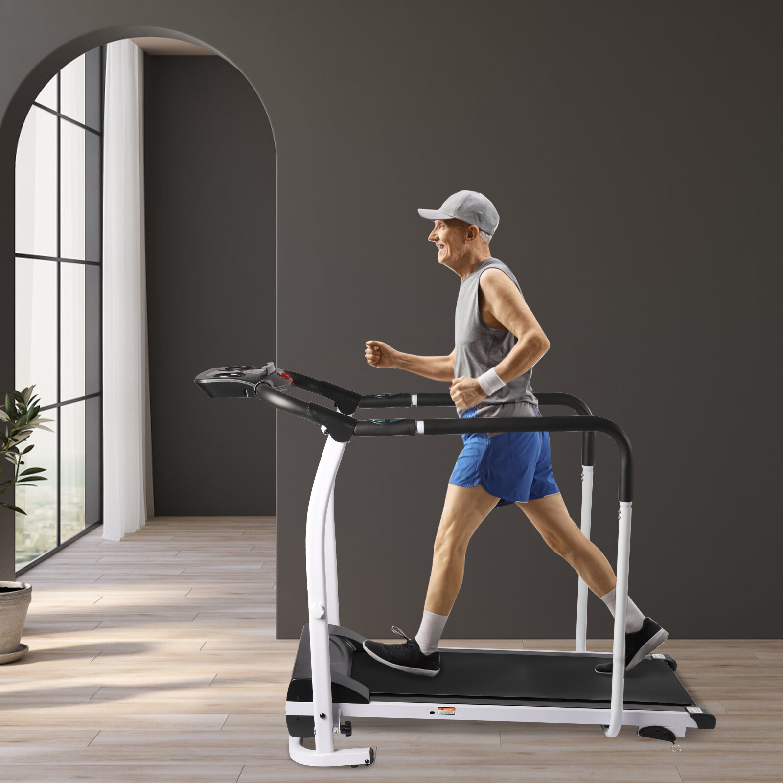 Walking Treadmill with Full Length Handrails &Heart Rate Sensor Recovery Fitness