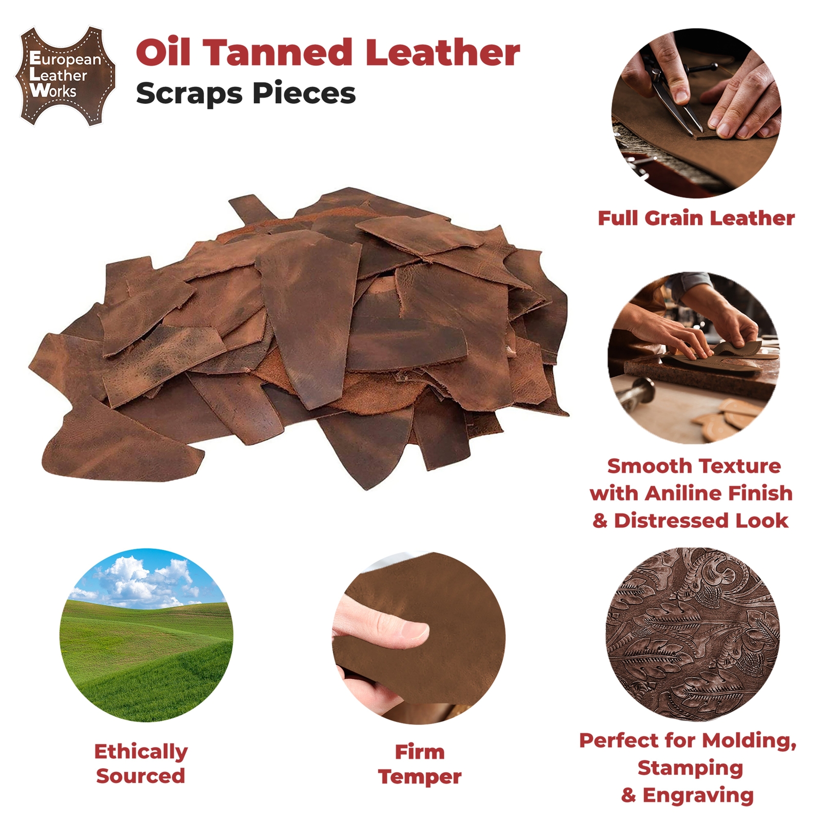 European Leather Work 9-10 oz. (3.6-4mm) Oil-Tanned Leather Scraps Bourbon Brown