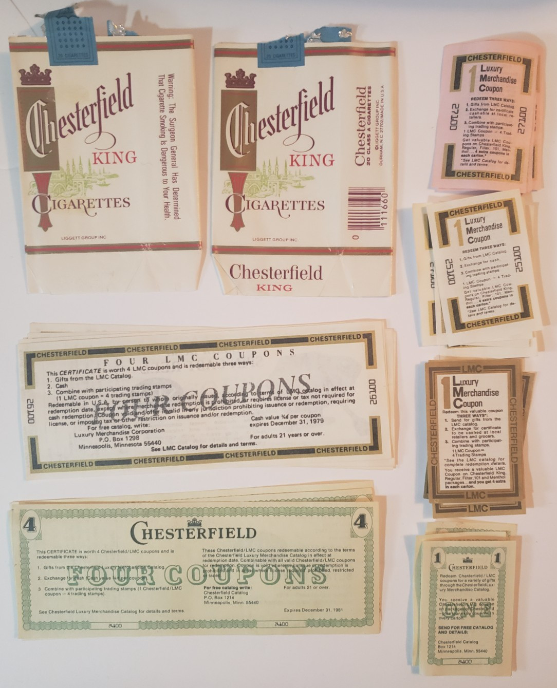 Lot 2 1970's Chesterfield King Cigarettes Wrappers w/Expired Advertising