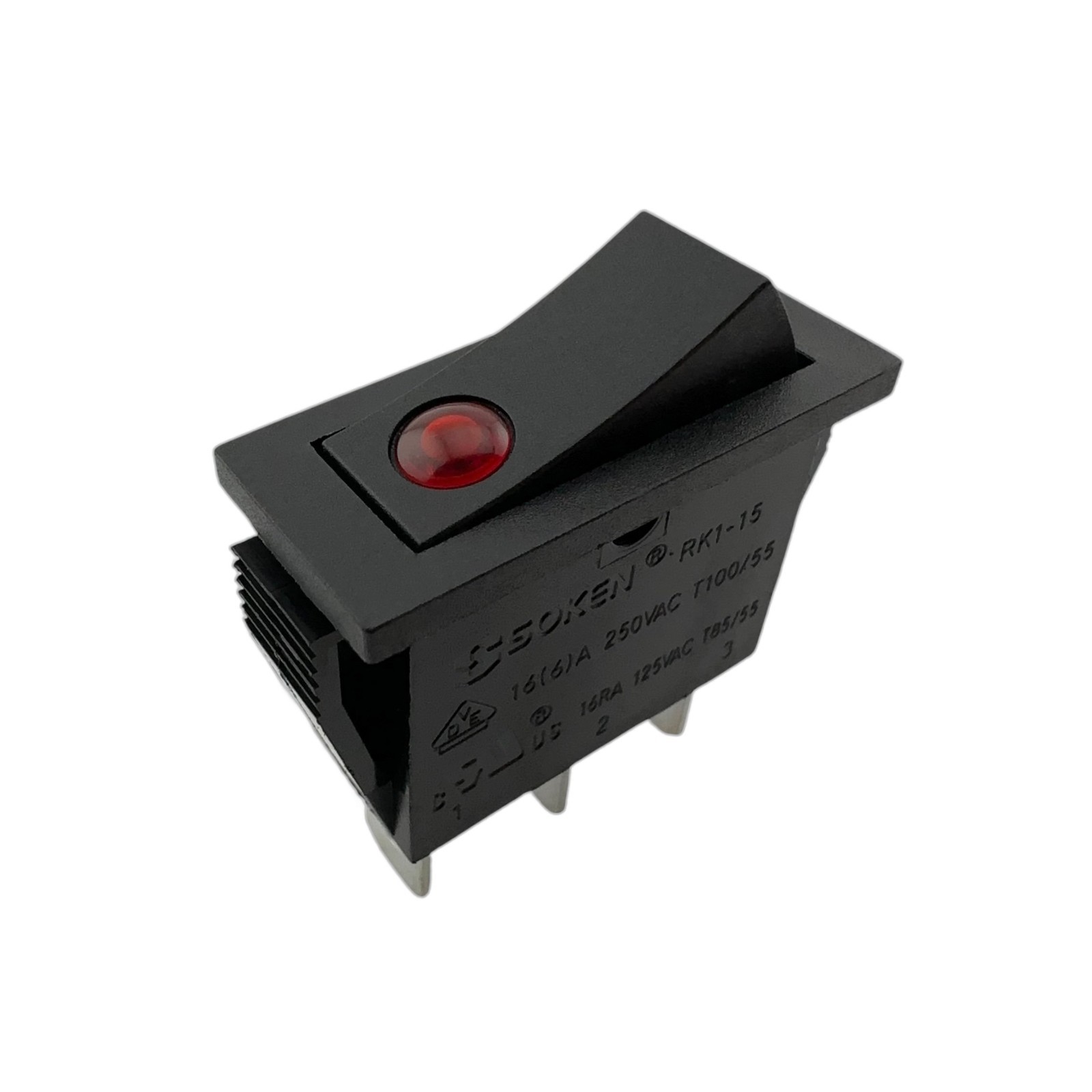 SOKEN RK1-15 Red Light Rocker Switch 2 Positions 3-Pins 16A 250VAC