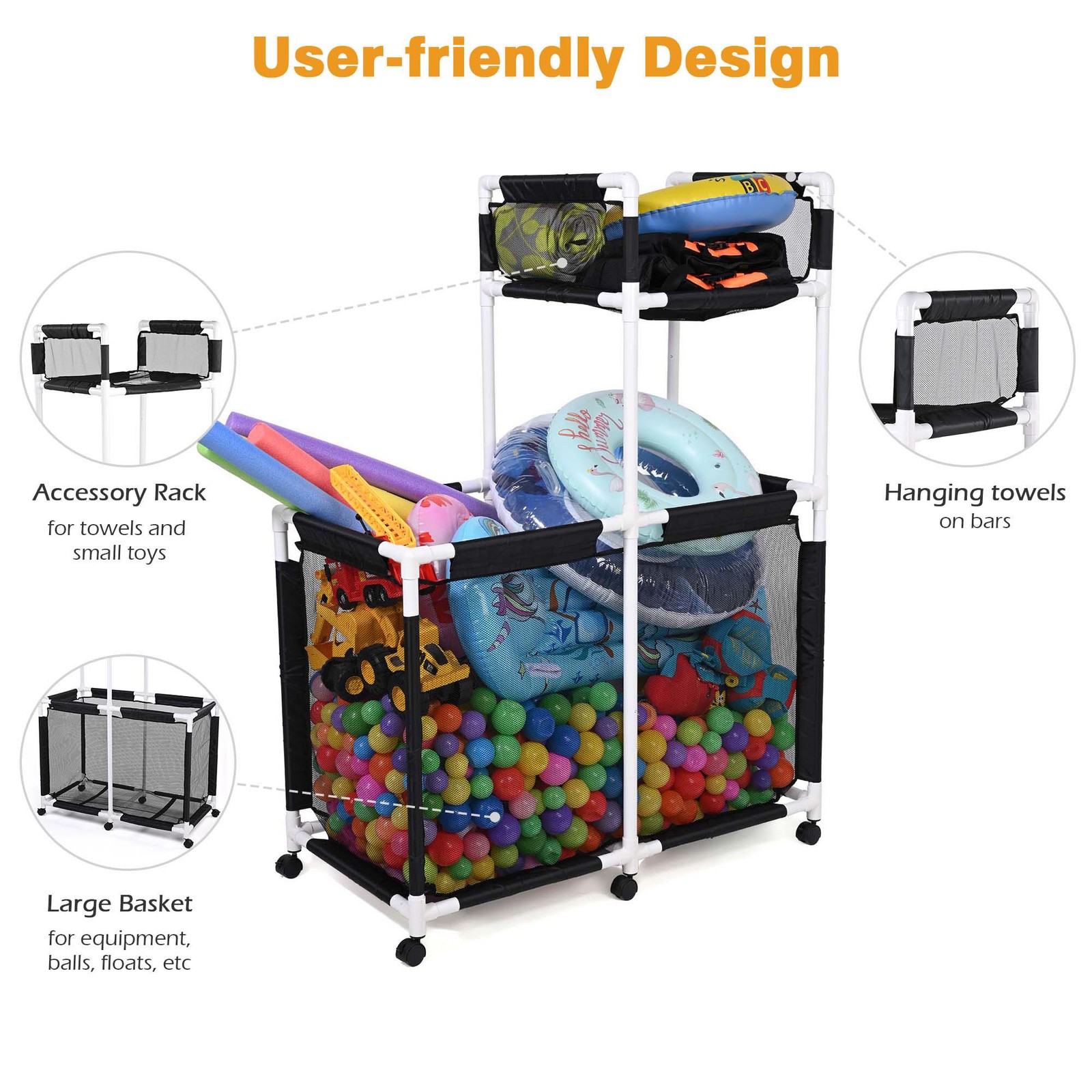 Yescom Extra Large Mesh Pool Storage Bin 6-Wheel Rolling 2-Decker Cart Closeout