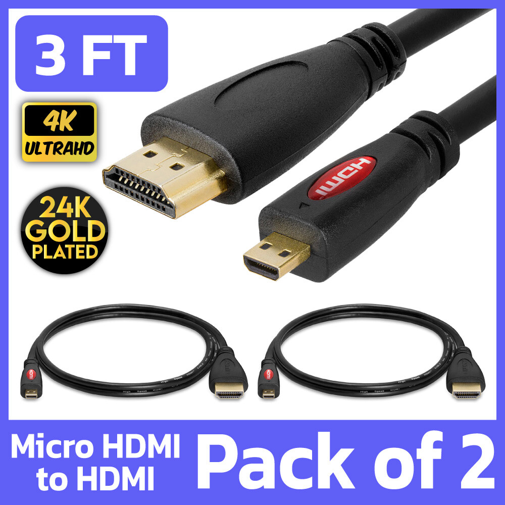 2 Pack Micro HDMI to HDMI Cable 3 FT Raspberry Pi 4K TV Camera Sony Nikon Lenovo