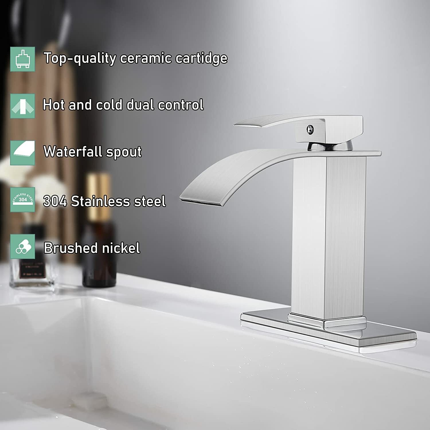 Waterfall Bathroom Sink Faucet Basin Lavatory Single Handle Mixer Tap W/6''Cover