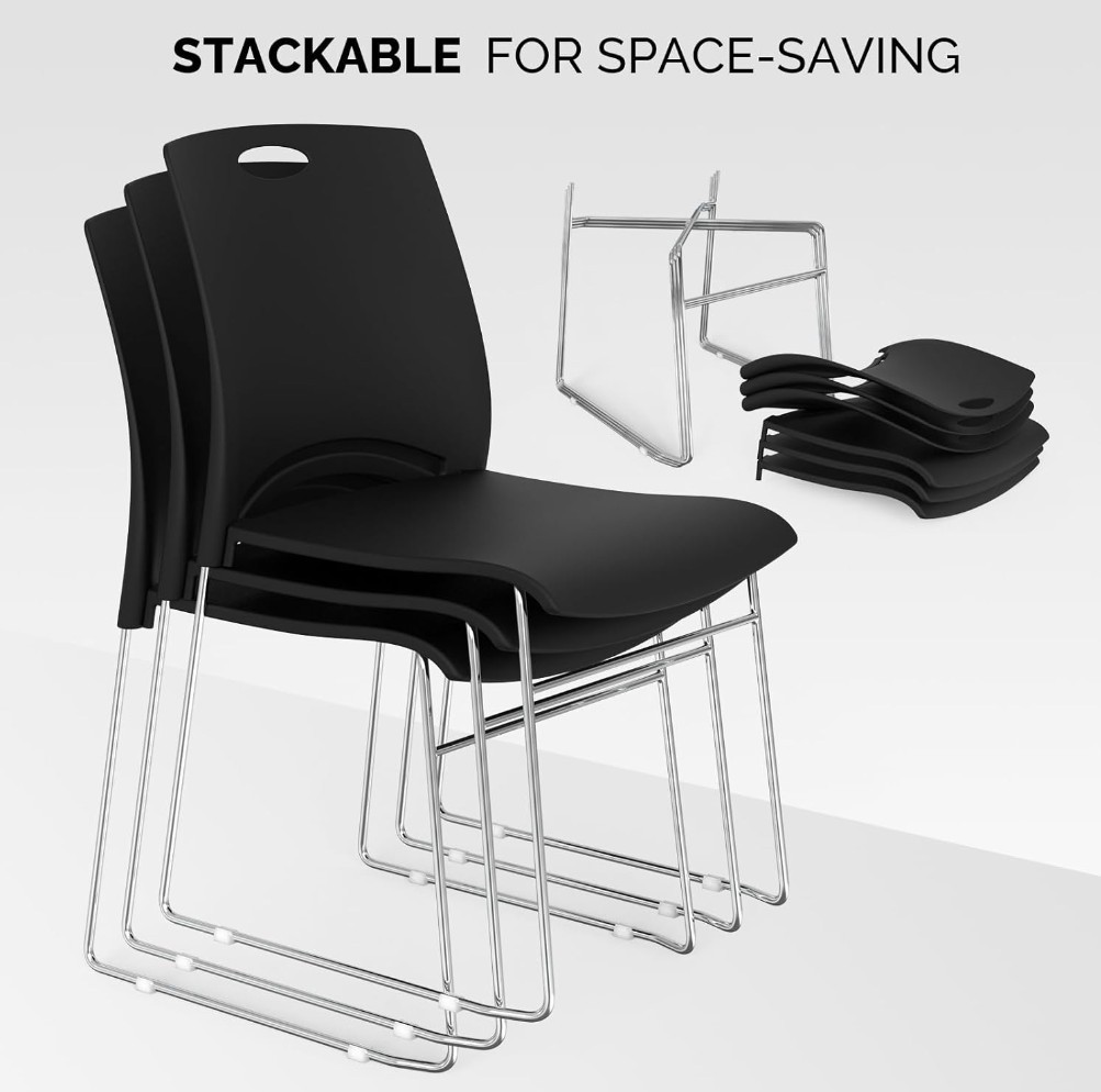 VINGLI Set Of 5 Stacking Chairs Stackable Office Chairs Metal Sled Base - Black