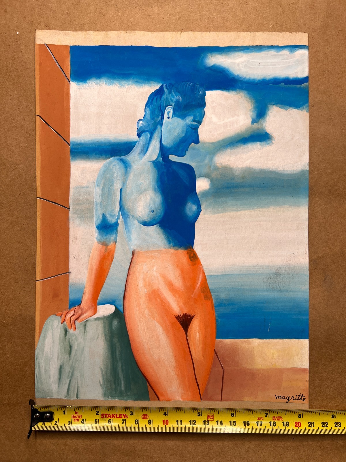Rene Magritte (Handmade) Drawing On old Paper Signed & Stamped Mixed Media