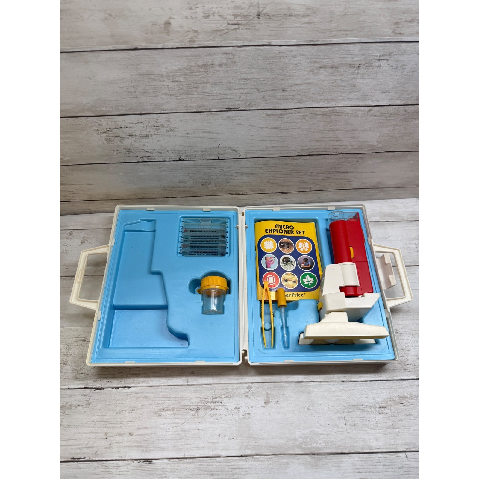 Vintage 1985 Fisher Price Micro Explorer Set 3005 Microscope Case Slides Toy