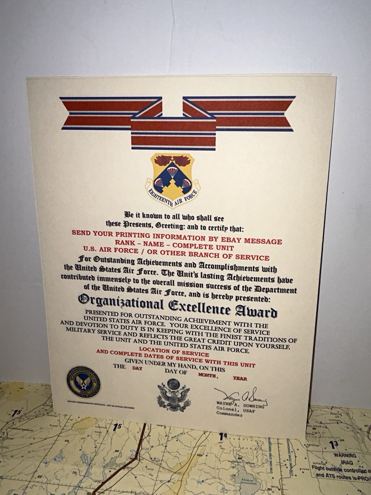 U.S. AIR FORCE / 18TH AIR FORCE - ORGANIZATIONAL EXCELLENCE AWARD CERTIFICATE