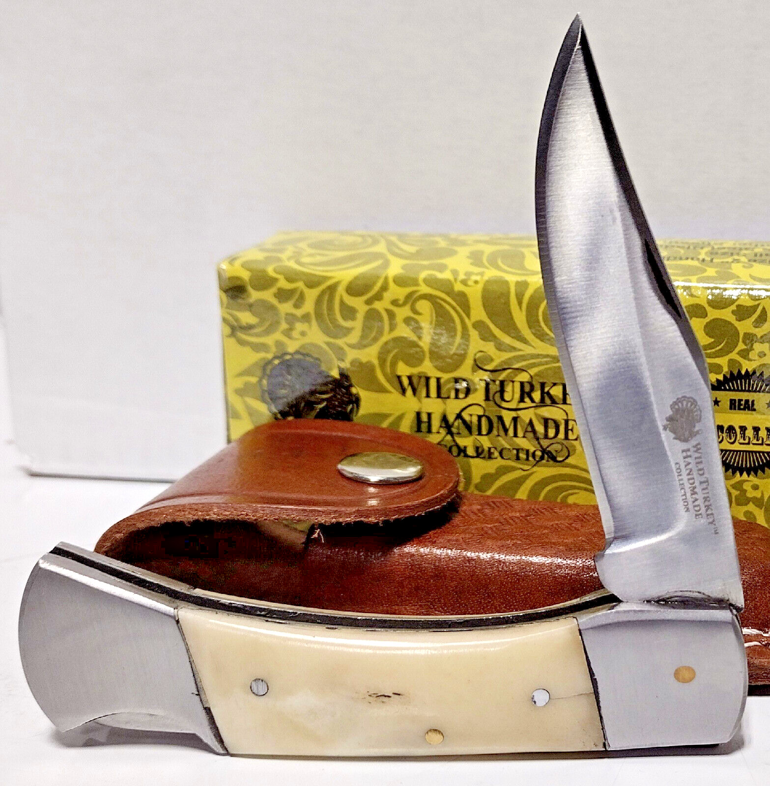 Wild Turkey Natural Bone Clip Point Blade Lockback Hunting Pocket Knife + Sheath