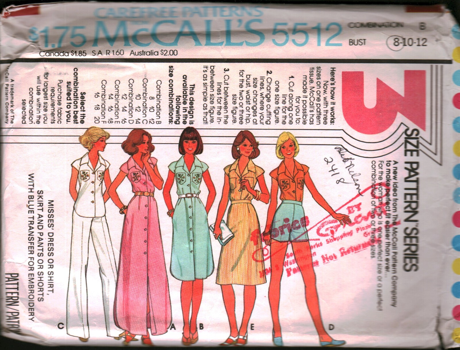 5512 Vintage McCalls SEWING Pattern Misses 1970s Dress Shirt Skirt Pants Shorts