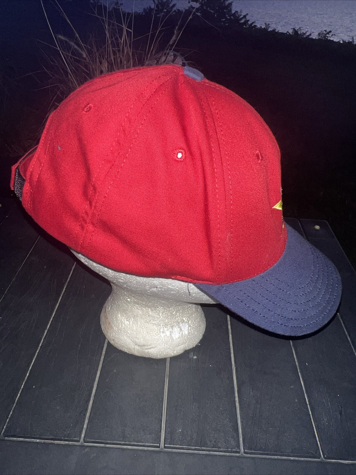 American Flag V over Yellow Star on Red Fabric on Navy Hat Cap Hook Loop EUC