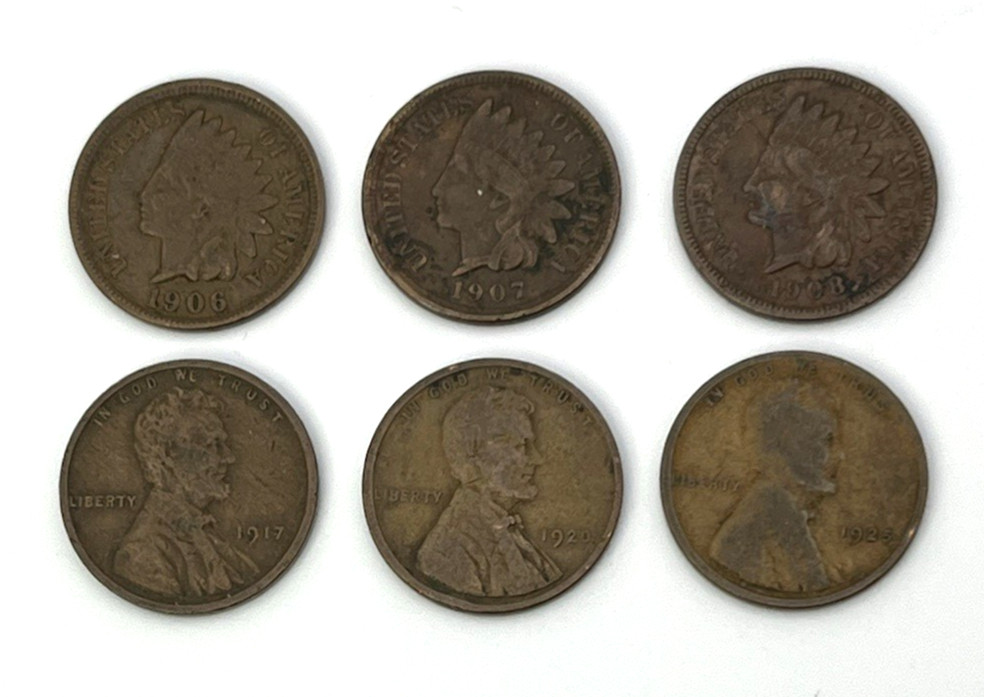Antique 6 PENNY INDIAN HEAD & LINCOLN WHEAT CENT Lot 100 yrs old copper pennies
