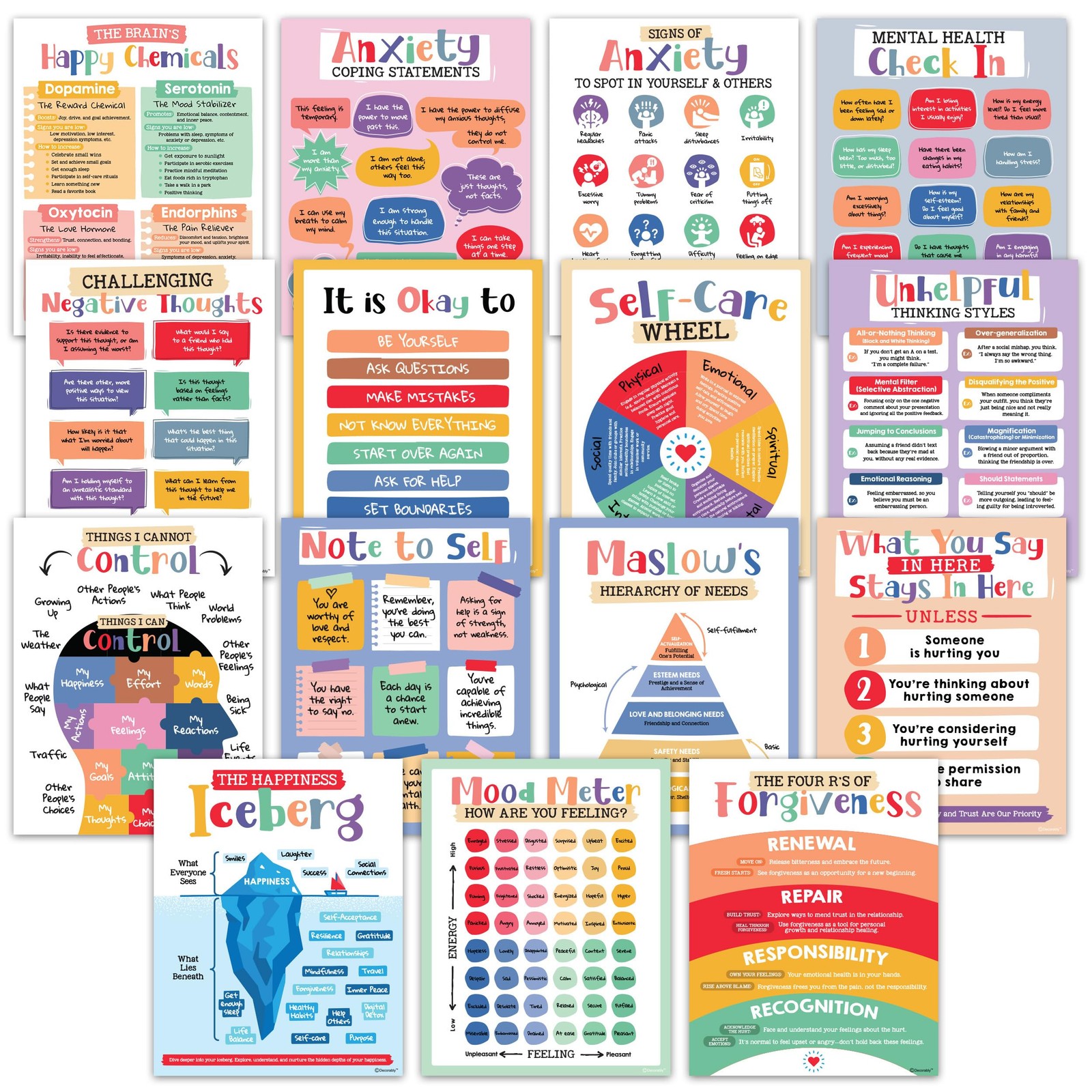 Decorably 15 Mental Health Posters for Office and Classroom Decor, 11x14in | Edu