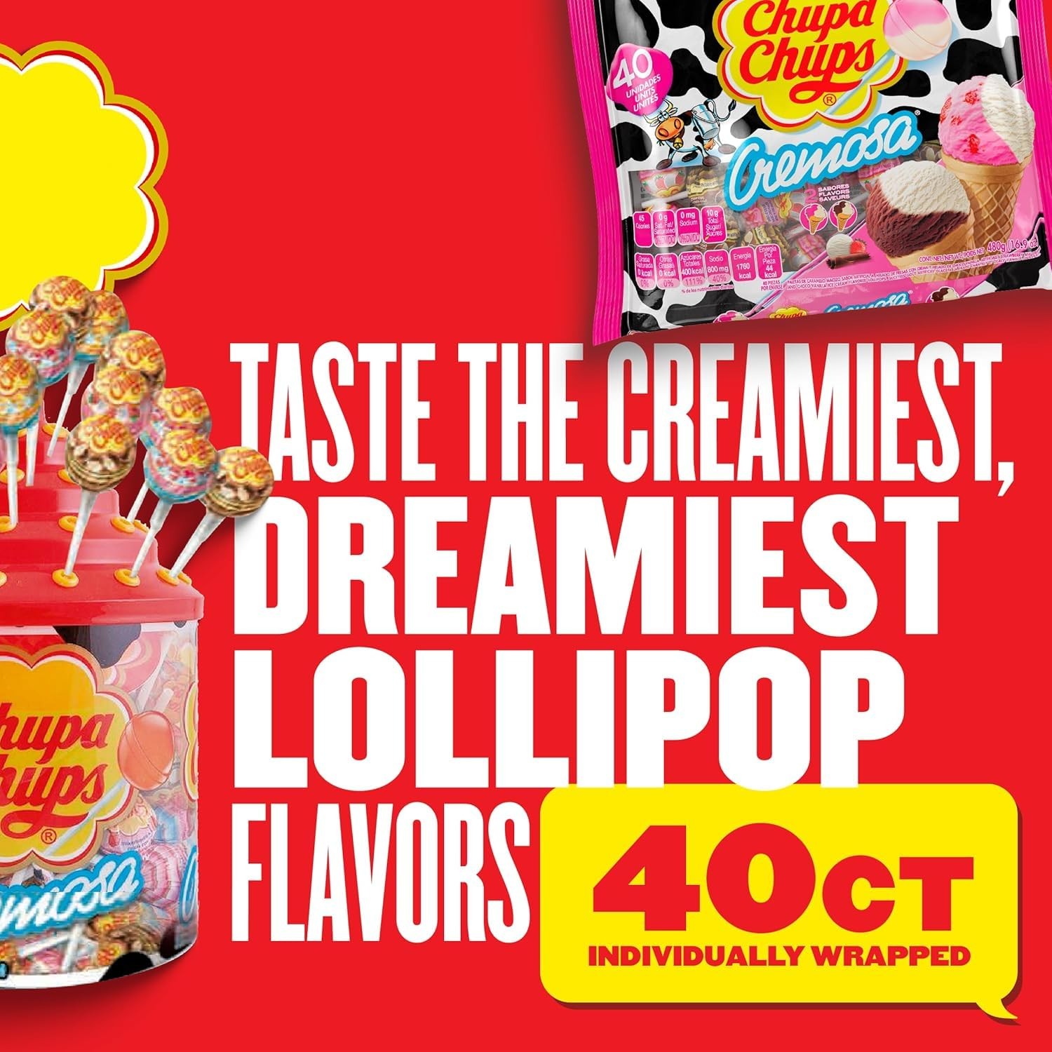 Chupa Chups Cremosa Holiday Candy Lollipop Variety Assortment, 2 Ice Cream Fl...