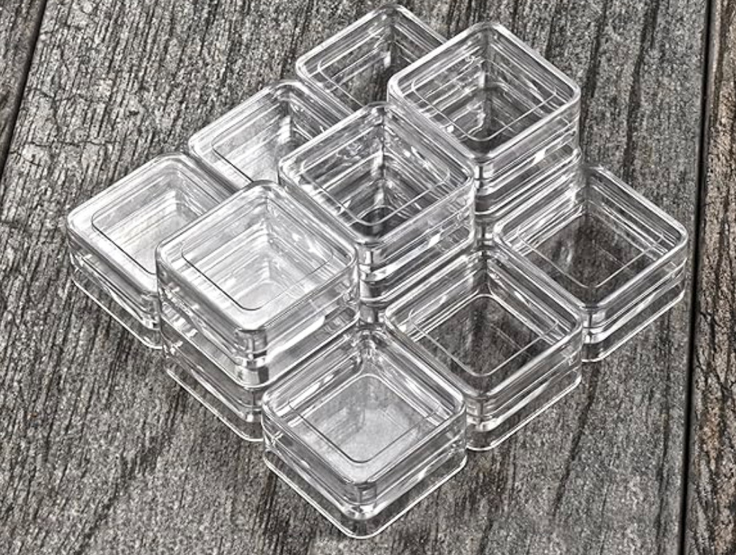12 each Stacking Square Plastic Containers With Lids Size: 1.25" X 1.25 x .75