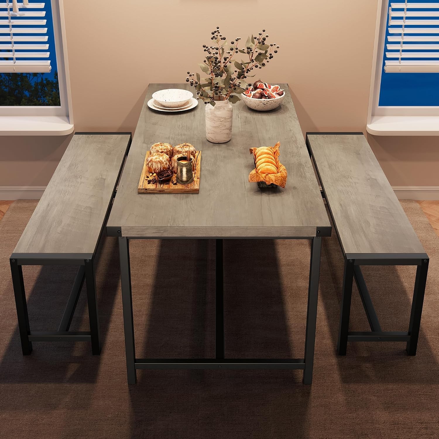 Dining Table Set Kitchen Table W/ Benches Rectangular Dining Room Table Set