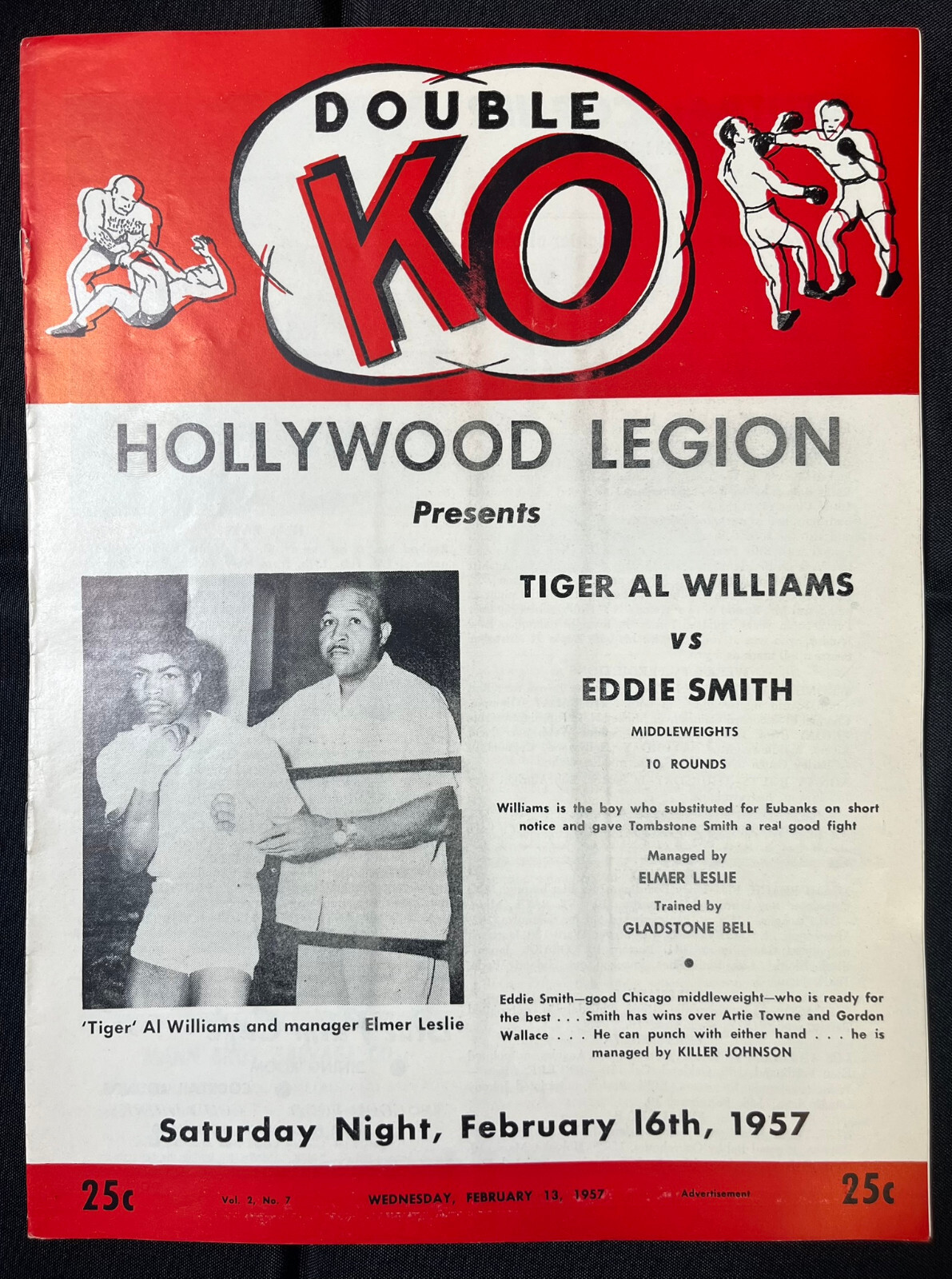 1957 TIGER AL WILLIAMS vs EDDIE SMITH Double KO Boxing Program HOLLYWOOD LEGION
