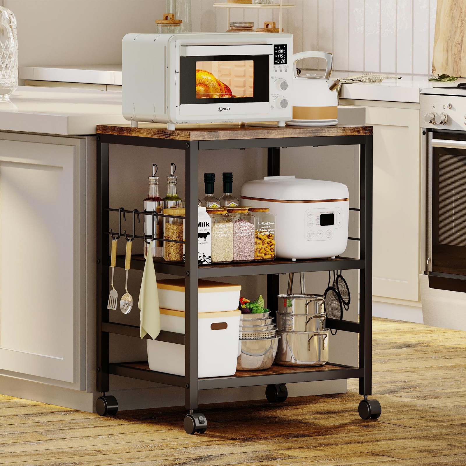 3-Tier Wooden Microwave Cart with Storage, 22.4''W Microwave Stand Coffee Car...