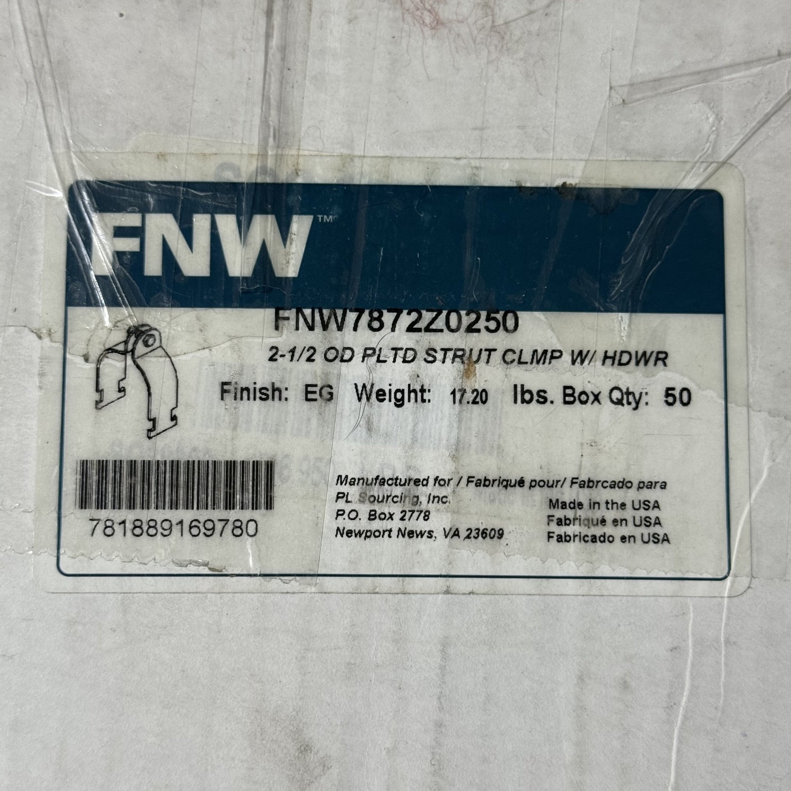 FNW 2-1/2” OD Plated Strut Clamp w/ Hardware Box of 50 FNW7872Z0250