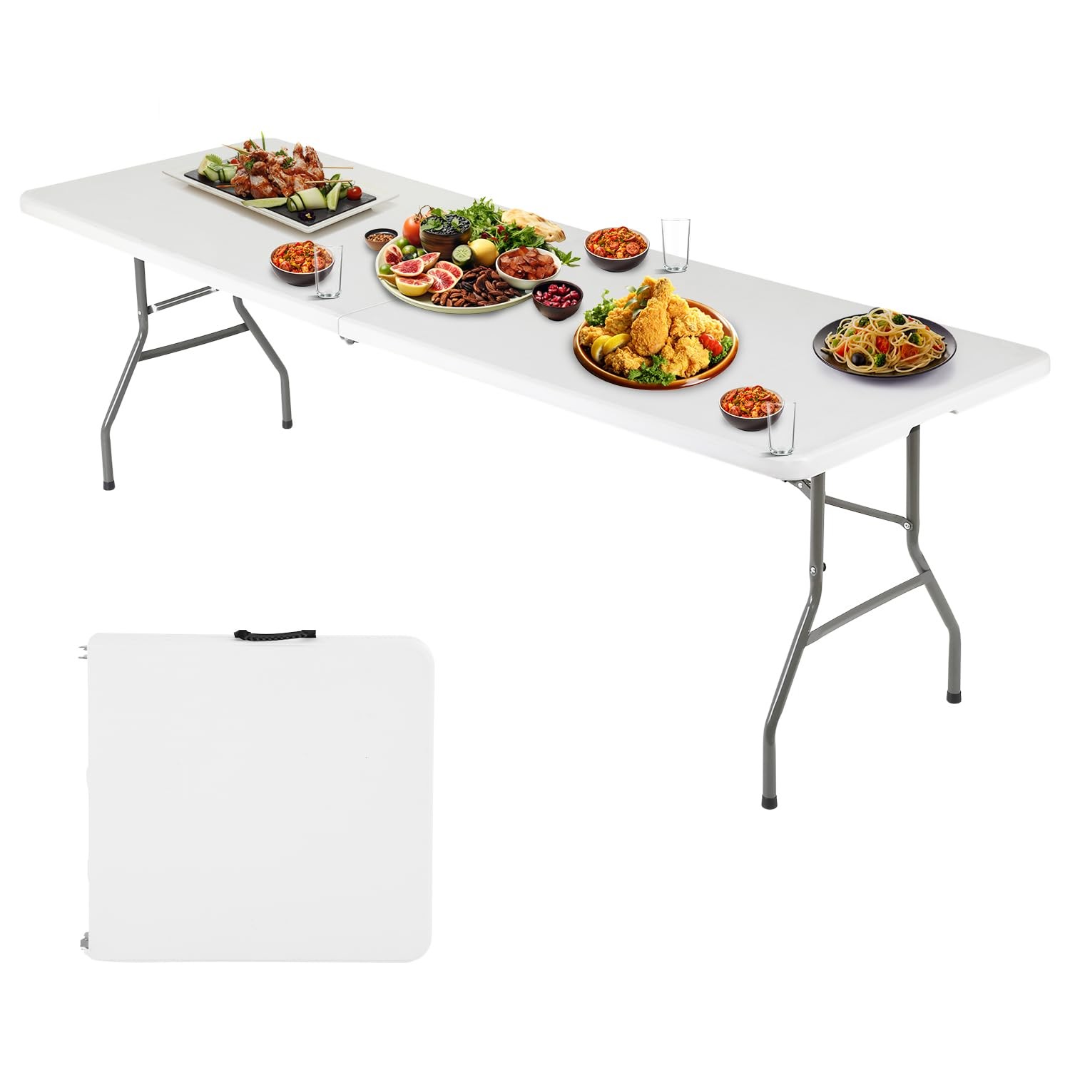 6FT Folding Table, Portable Fold-in-Half Plastic Picnic Party Table with Carr...