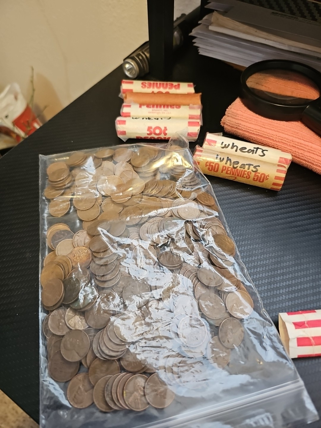 50 wheat pennies hand rolled mixed dates.