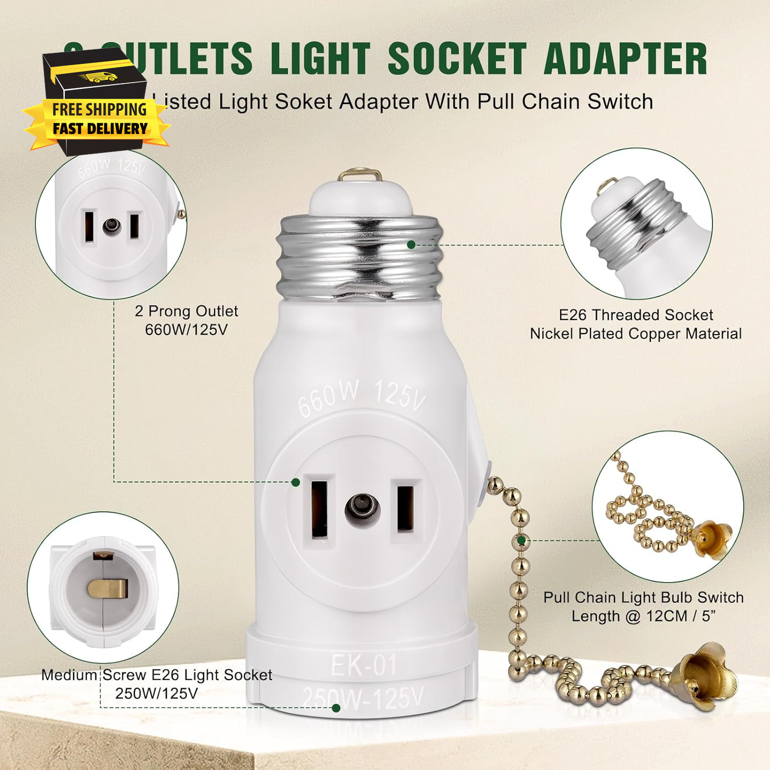 2-Pack E26 Light Socket Adapter - Converts Medium Screw Socket to Two Outlets wi