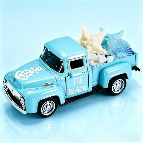 Summer Beach Decor 5 Inch Vintage Truck with Mini Seashells and Starfish Blue