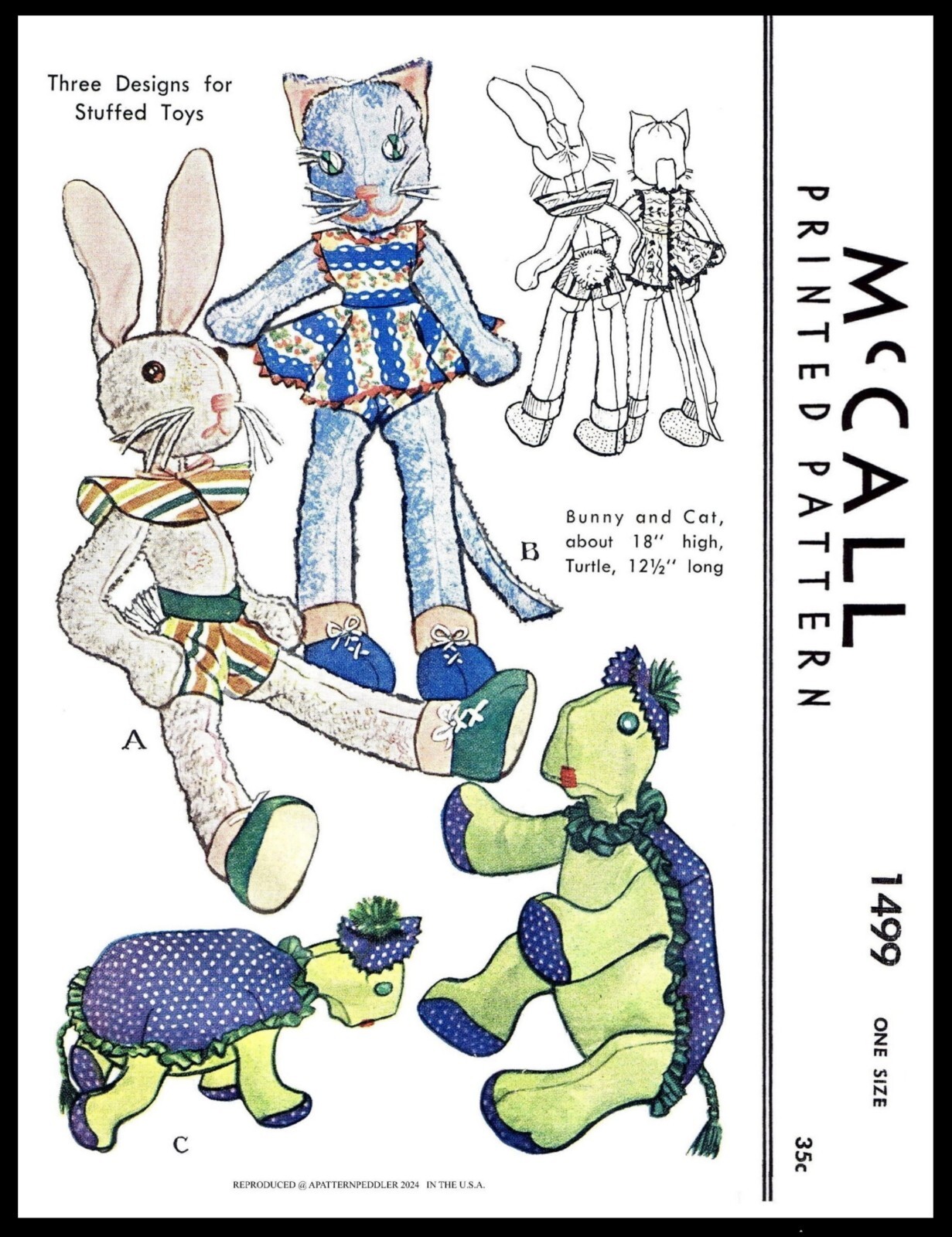McCall 1499 Pattern CAT BUNNY TURTLE Stuffed Animal Toy