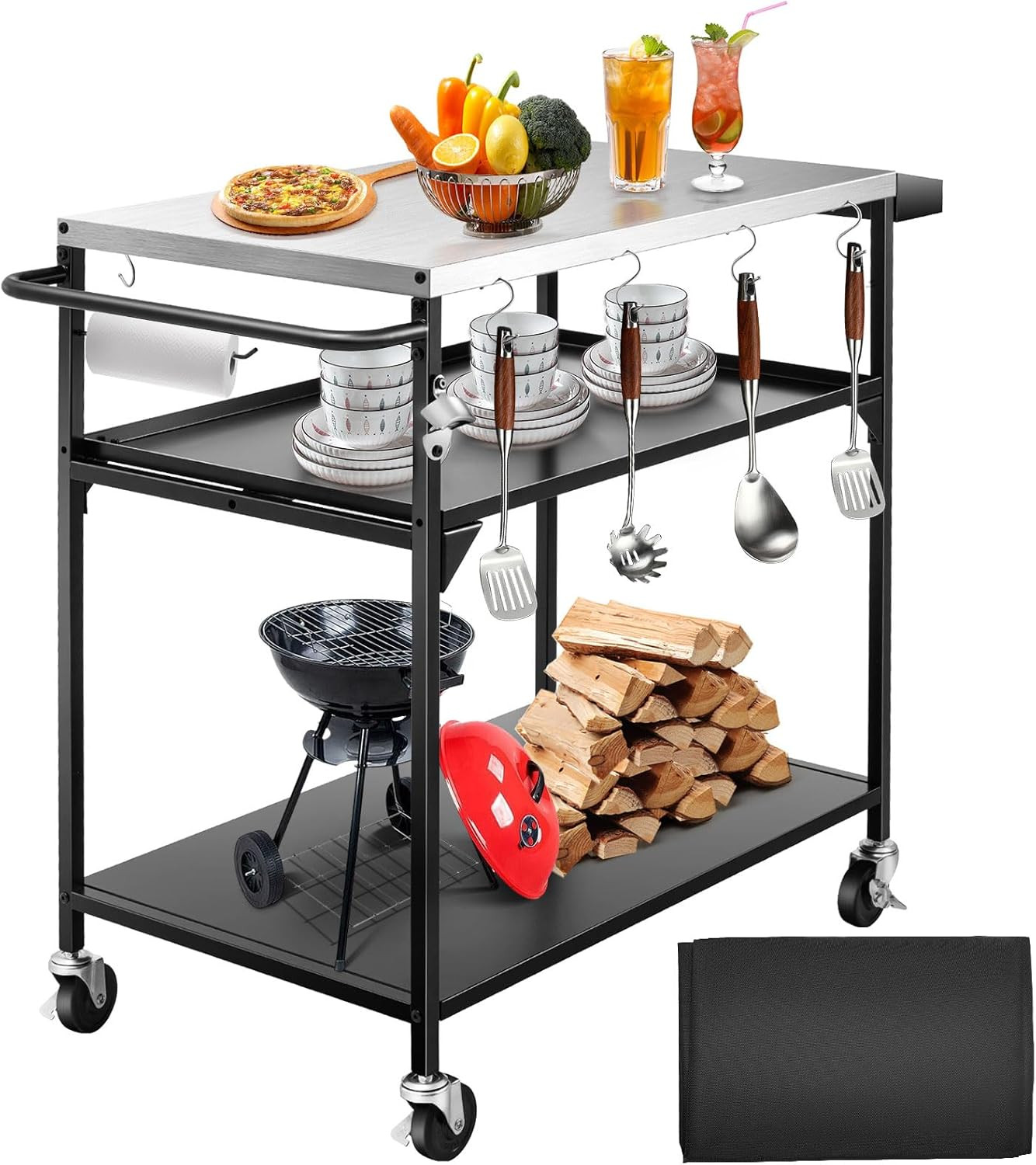 Ginkman 3-Shelf 39.37" x 19.69" x 35.43" Movable Outdoor Prep Table - Plate