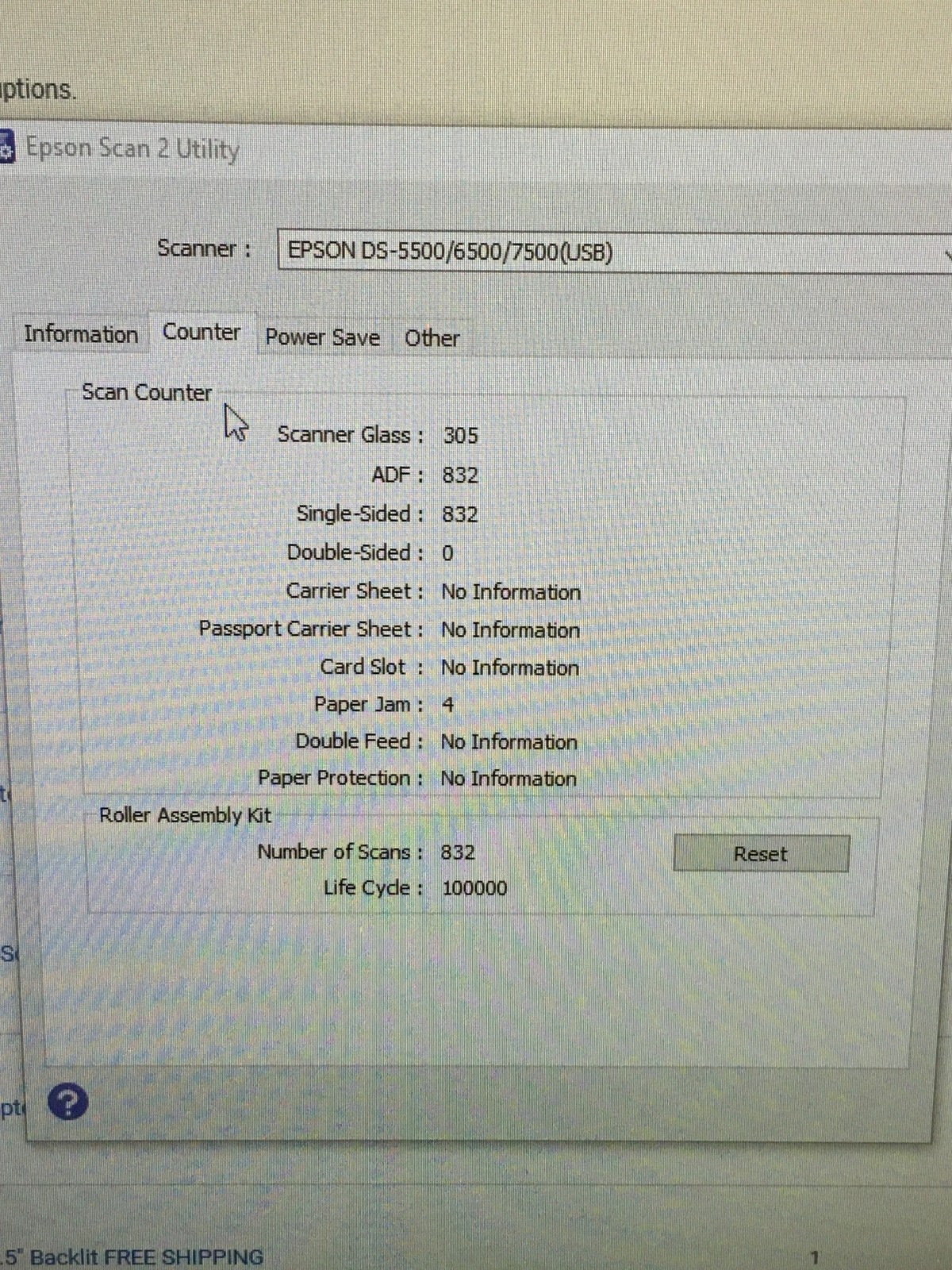 Epson WorkForce DS-7500 J311A Document Scanner w/ AC Adapter, 832 Scan Count