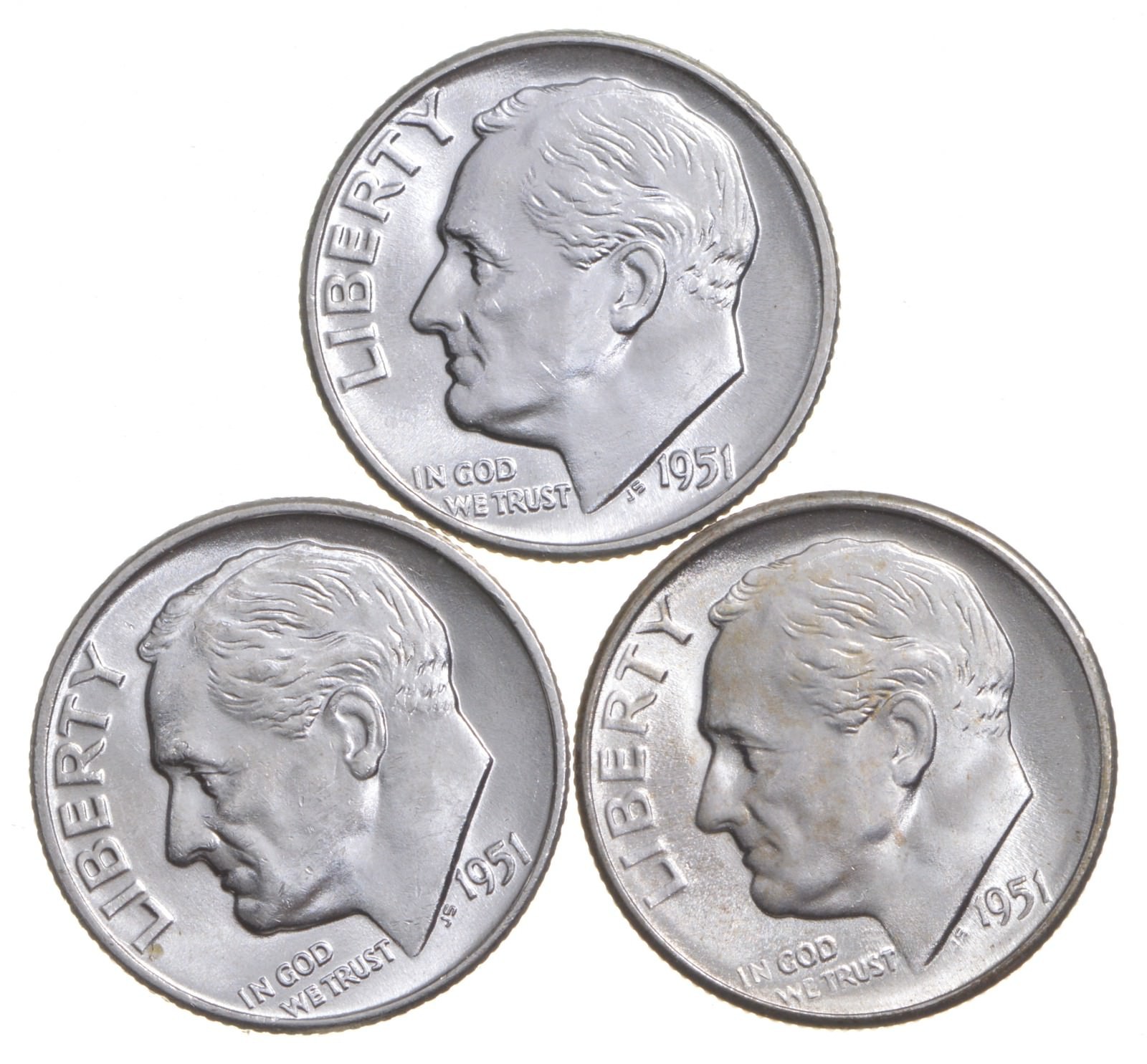 Choice Unc 1951 P+D+S Roosevelt Dime Gem BU Collection Lot Set