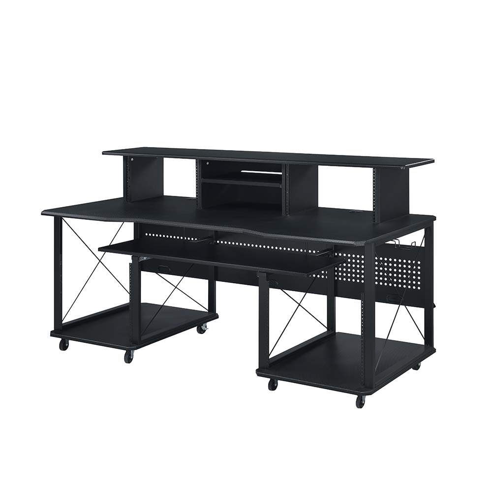 Megara Music Desk -Black Rectangular Music Studio Desk with Keyboard Tray, Hutch